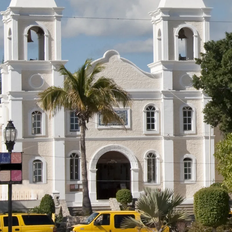 From street level, the gazebo and church in the Central Plaza  (zocalo)  in San Jose del Cabo.