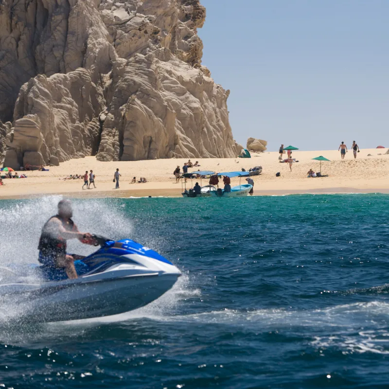 Lover's beach in Cabo San Lucas, Mexico. The beach is only accesible by boat and opens to the Pacific on one side and the Sea of Cortez on the other.