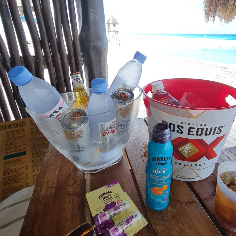 Selection of soft drinks and beers at beach bar