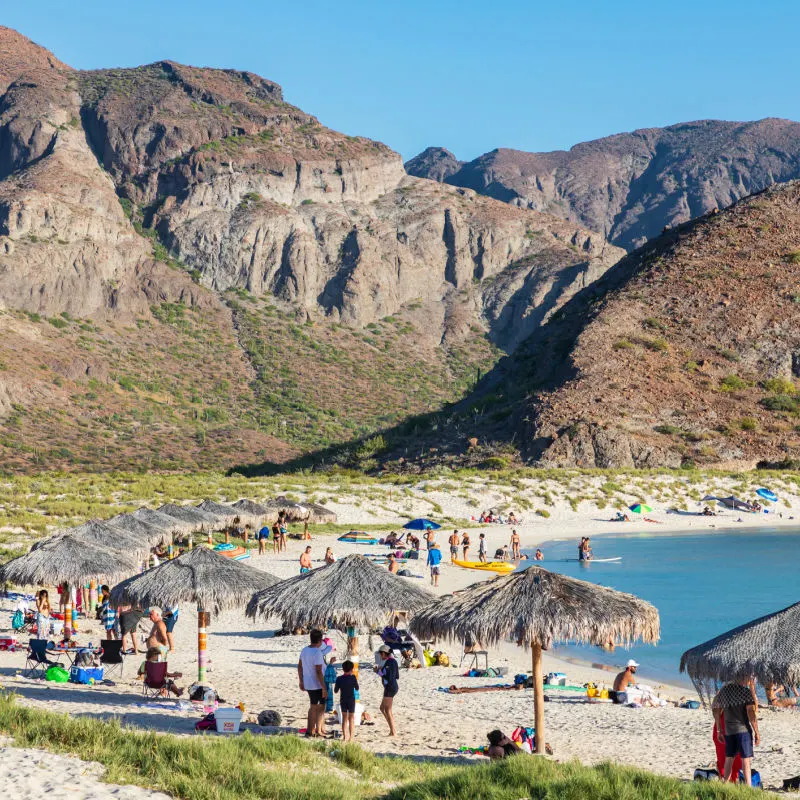 Playa Balandra, La Paz, Baja California Sur, Mexico.Palapas on a remote beach near La Paz.