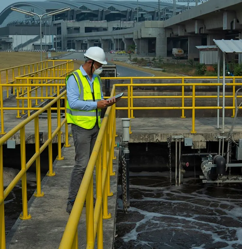 Worker Inspecting Wastewater Treatment Plant