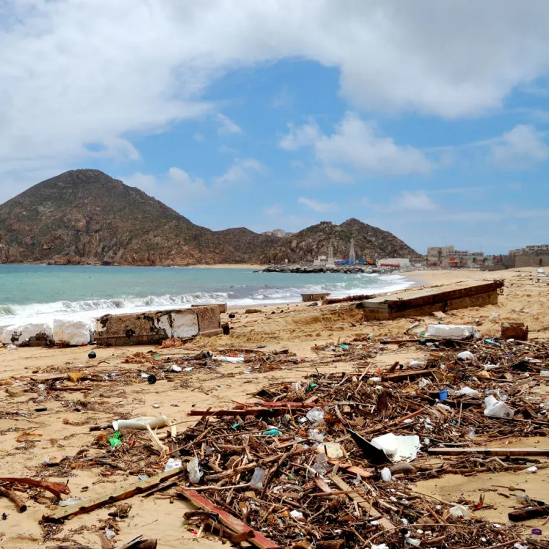 Impact of tropical storm on El Medano beach in Los Cabos