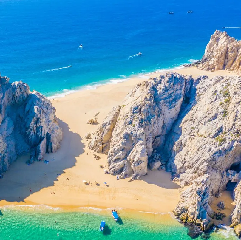 Sandy beach with rock formations