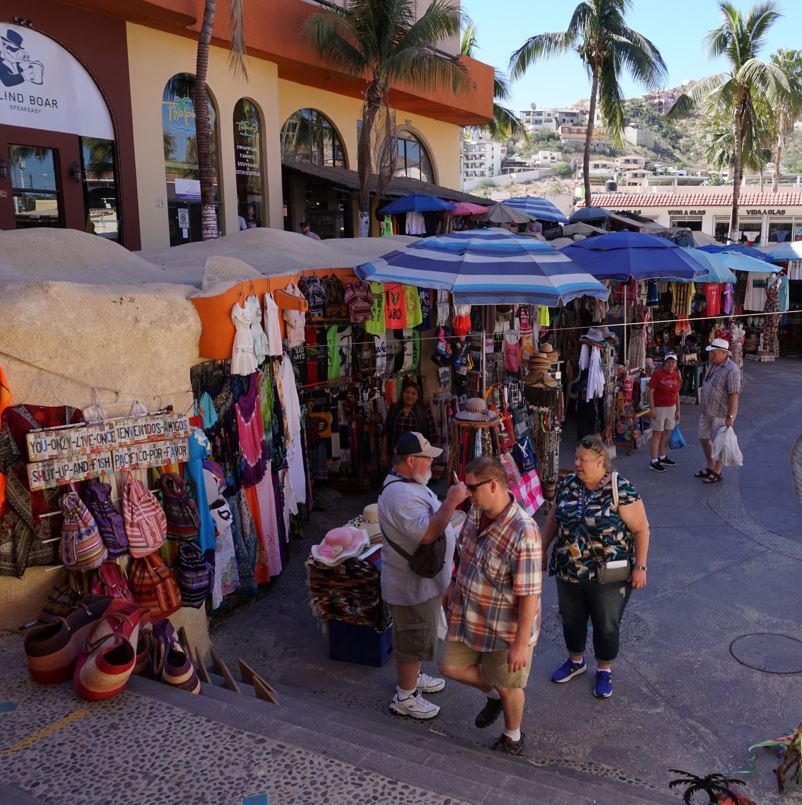 Tourists in Mexican market near palm trees