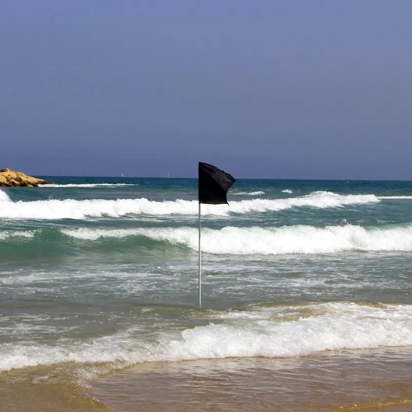 Black flag on the beach with waves