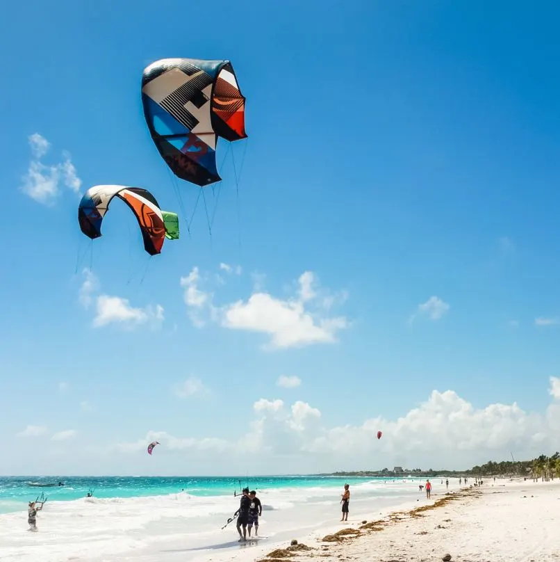 Kites with surfers in the ocean