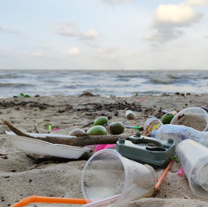 Plastic cups and trash on the beach