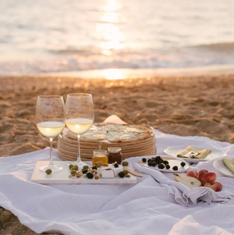 wine and food on beach