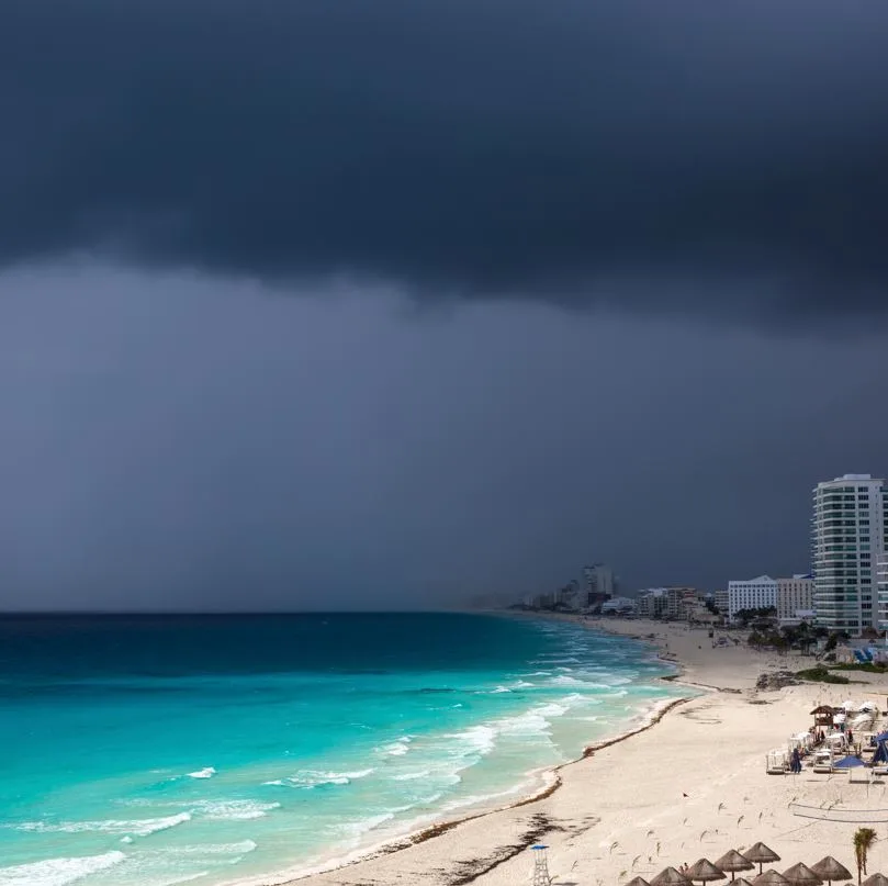 Hotel resorts near beach with gray skies