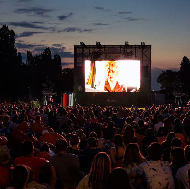 crowd at an outdoor film screening