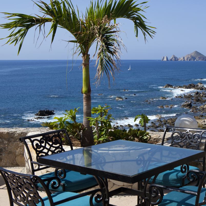 Vast view of the sea from a hotel patio in Cabo San Lucas.
