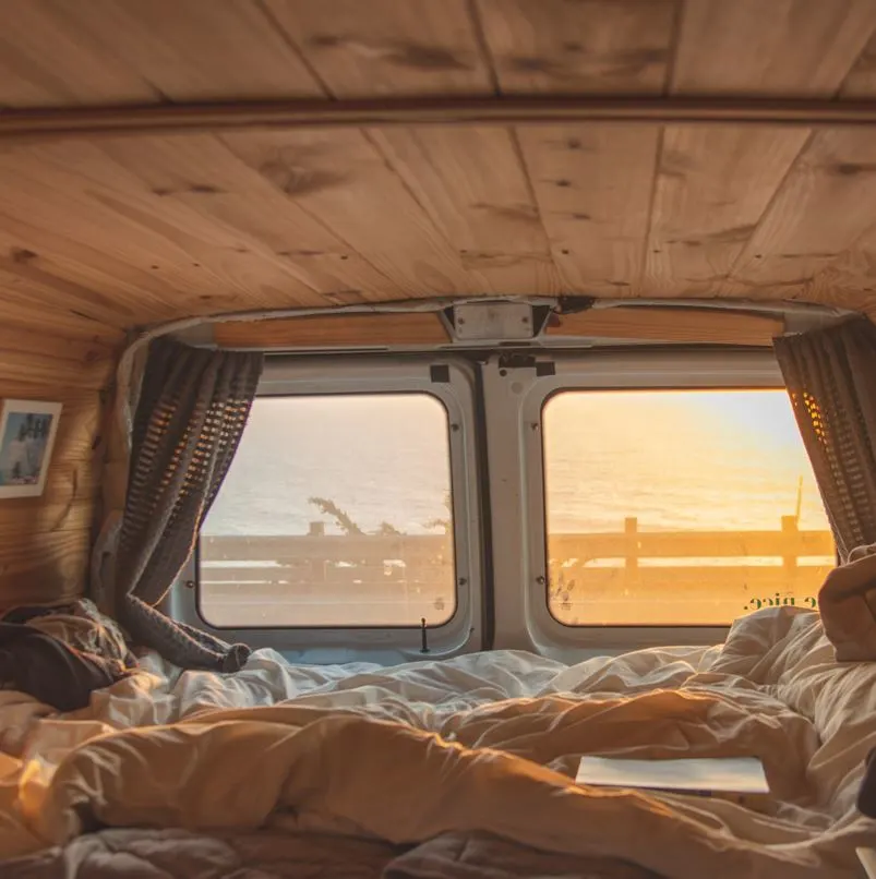 Inside of A Van with sunset through window