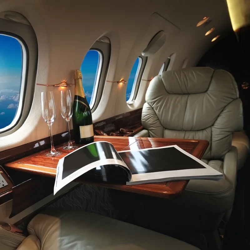 Private jet interior champagne