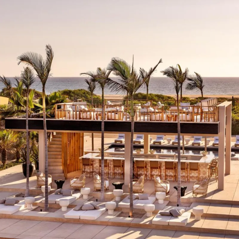 View of the ourdoor bar at Rancho Pescaero in Todos Santos with palm trees and ocean in the background