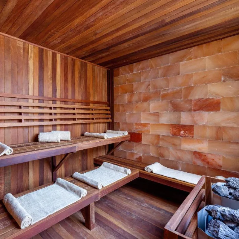 Inside of wooden sauna in the spa at rancho Pescadero Resort.