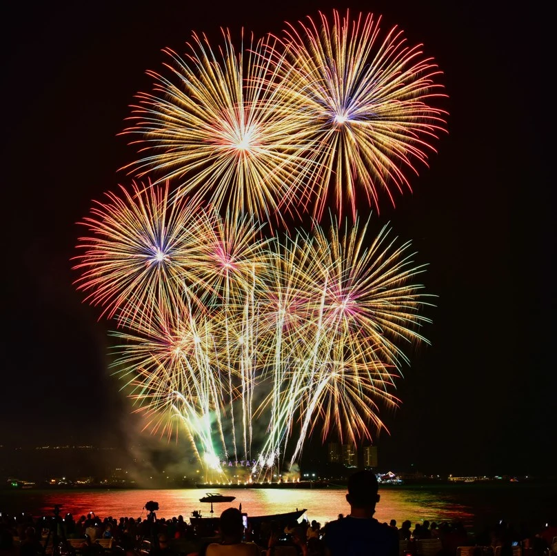 Fireworks over water at night