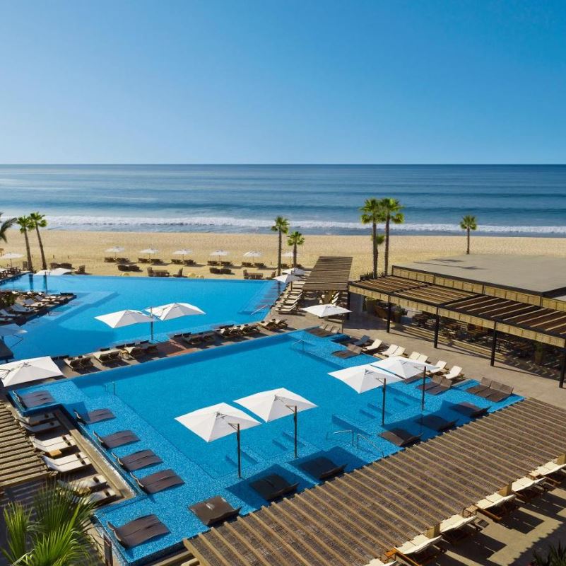Krystal Grand in Los Cabos, view of pool from above, looking out over beach and ocean