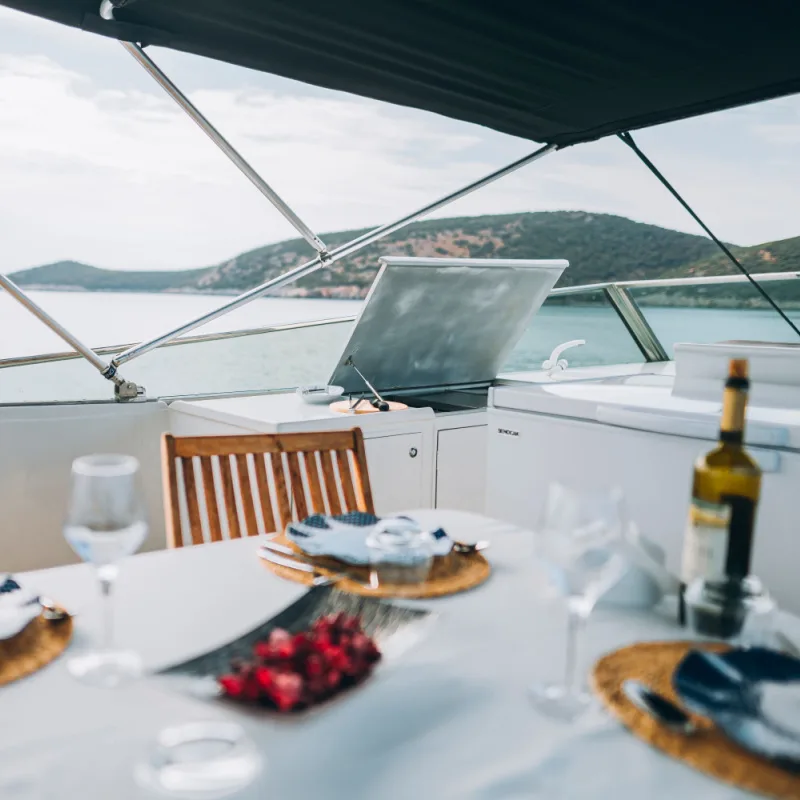 wine and food on a large boat. 