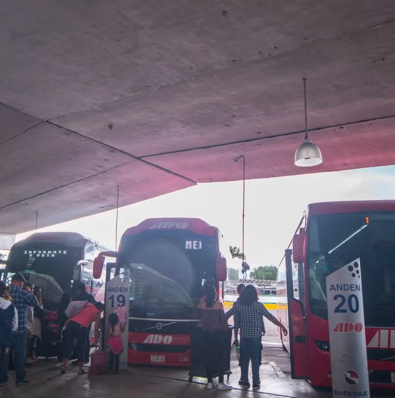 People Waiting To Board Buses At A Bus Stop