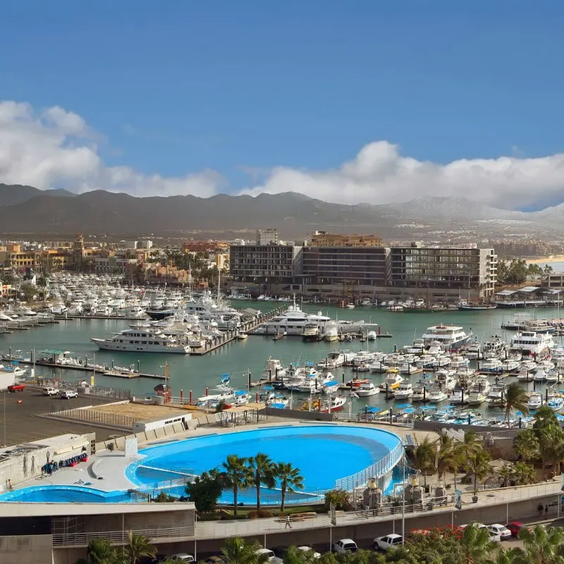 Pool in Front of Cabo San Lucas Marina and Marina Filled with Boats and a Mountain View in the Background