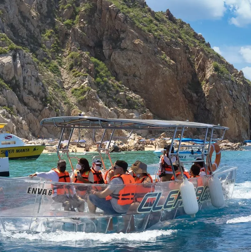 Large group out on a boating tour in the Cabo bay