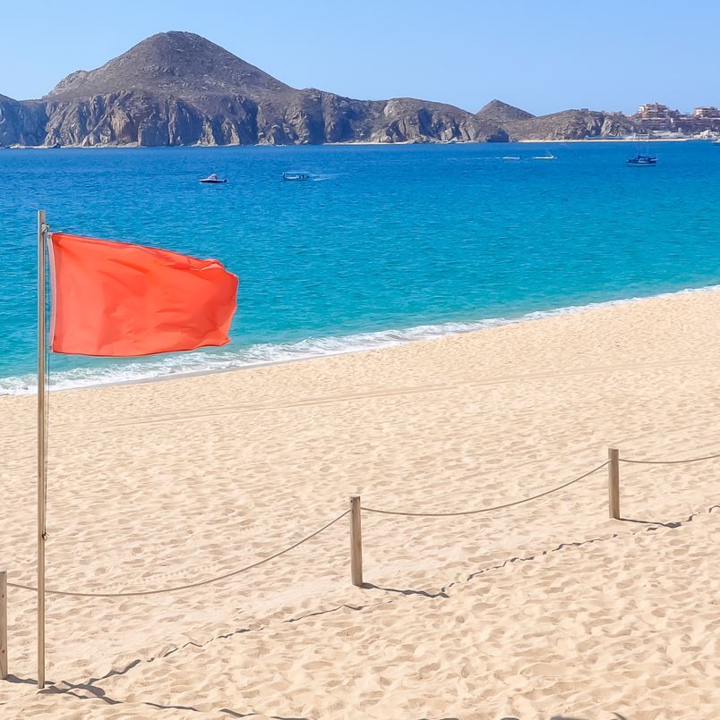 Los Cabos beach flag in the sand with ocean in background