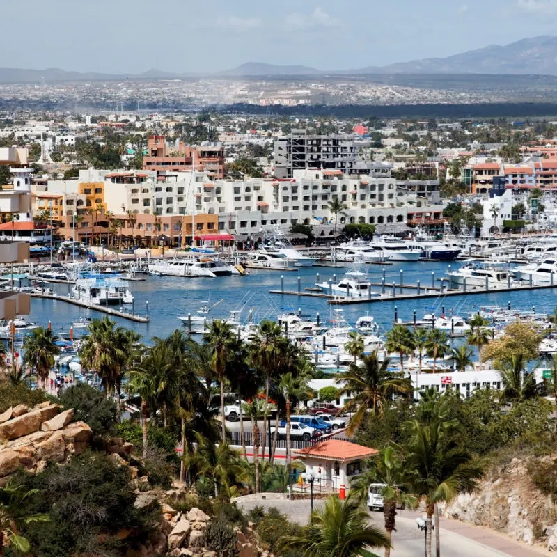 Aerial View of Downtown Cabo San Lucas, the Marina, and the Sea