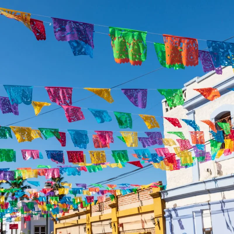 Colorful flags flying in Todos Santos