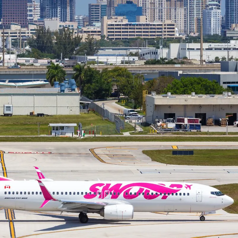 Swoop Airplane With A View Of A City Skyline In The Background