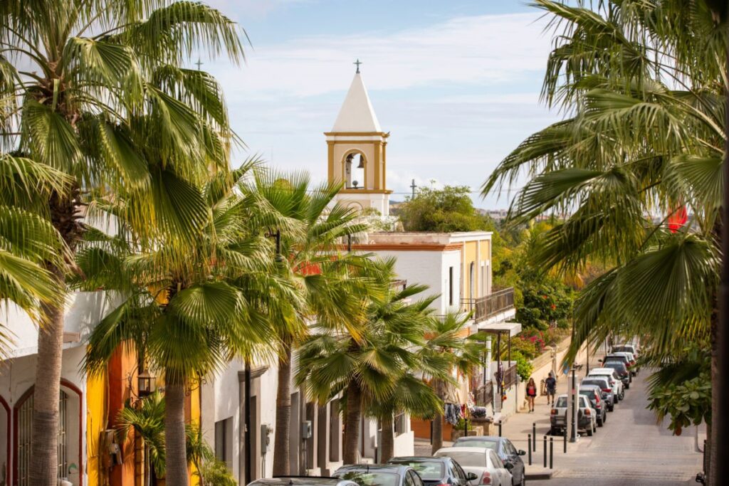 Tourists Walking Down a Beautiful Quiet Street in San Jose del Cabo, Mexico