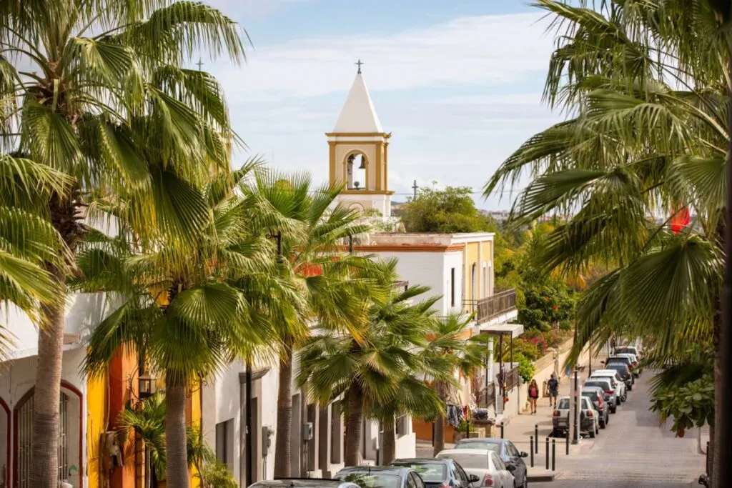 Tourists Walking Down a Beautiful Quiet Street in San Jose del Cabo, Mexico