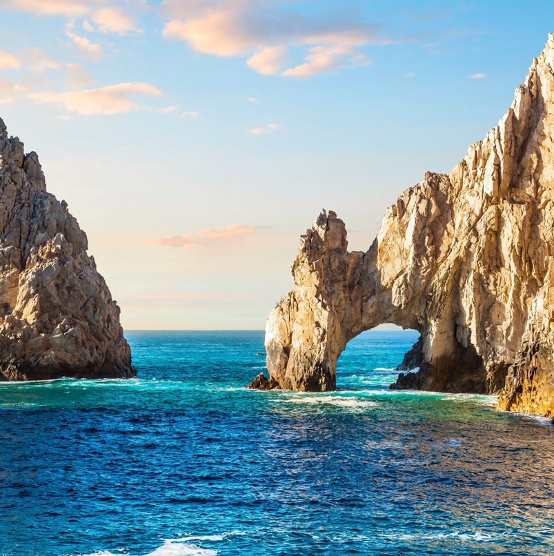 Modern view of the Los Cabos arch with low tides near the arch