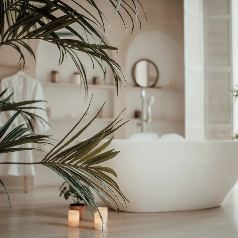 Interior of a luxury hotel room with a private bathtub