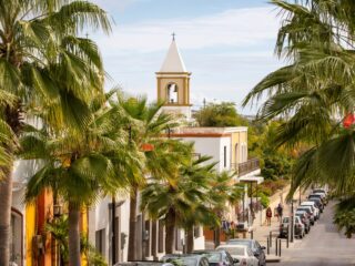 Daytime street scene of San José del Cabo’s historic city center.
