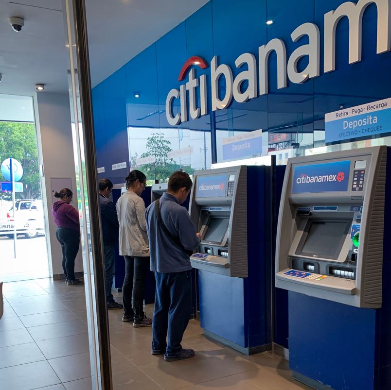 Row Of ATM Machines Inside A Bank In Mexico