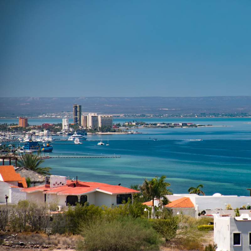 View of Buildings, Boats, and the Sea of Cortex in La Paz, Mexico