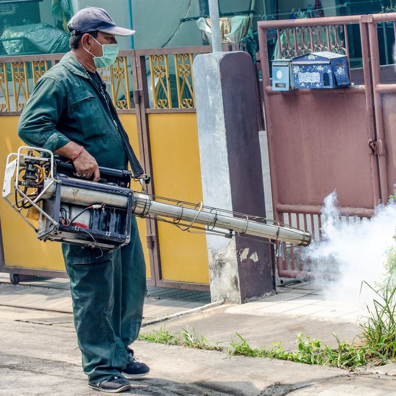 Worker spraying for dengue fever mosquitoes.