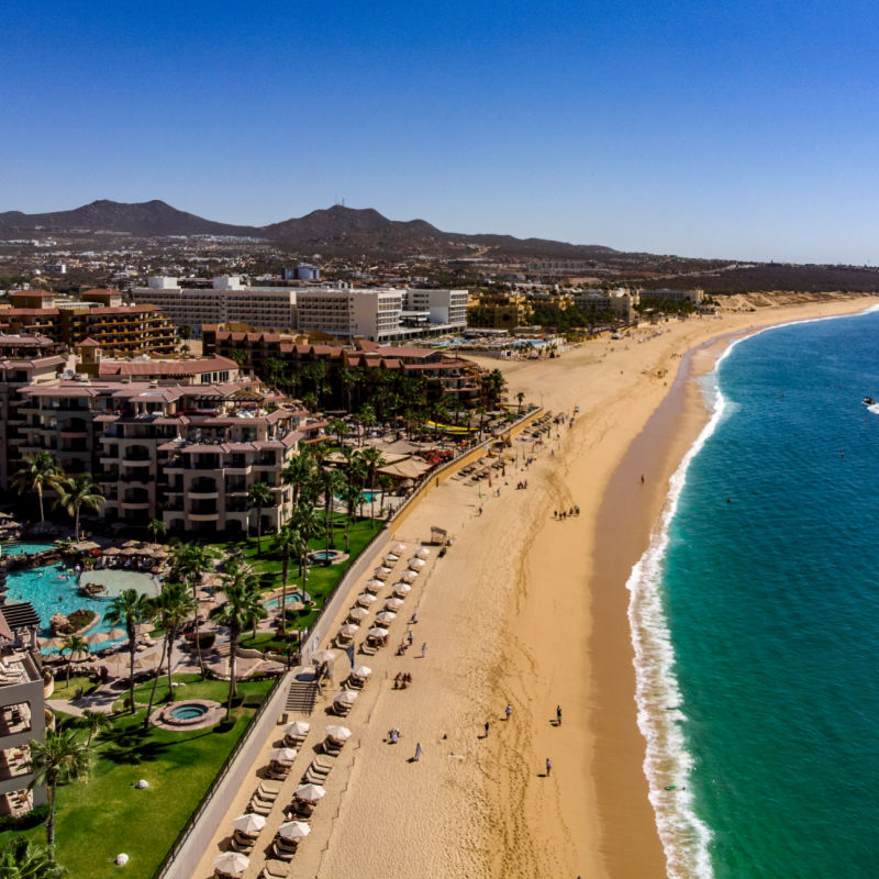 Hotels and Resorts Lining Medano Beach in Cabo San Lucas, Mexico
