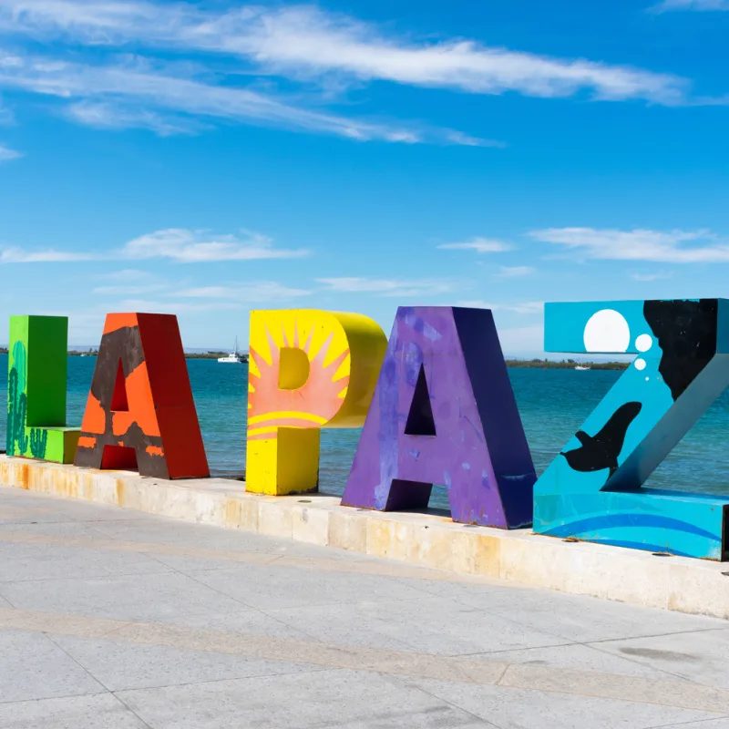 The La Paz sign on the malecon of La Paz Bay