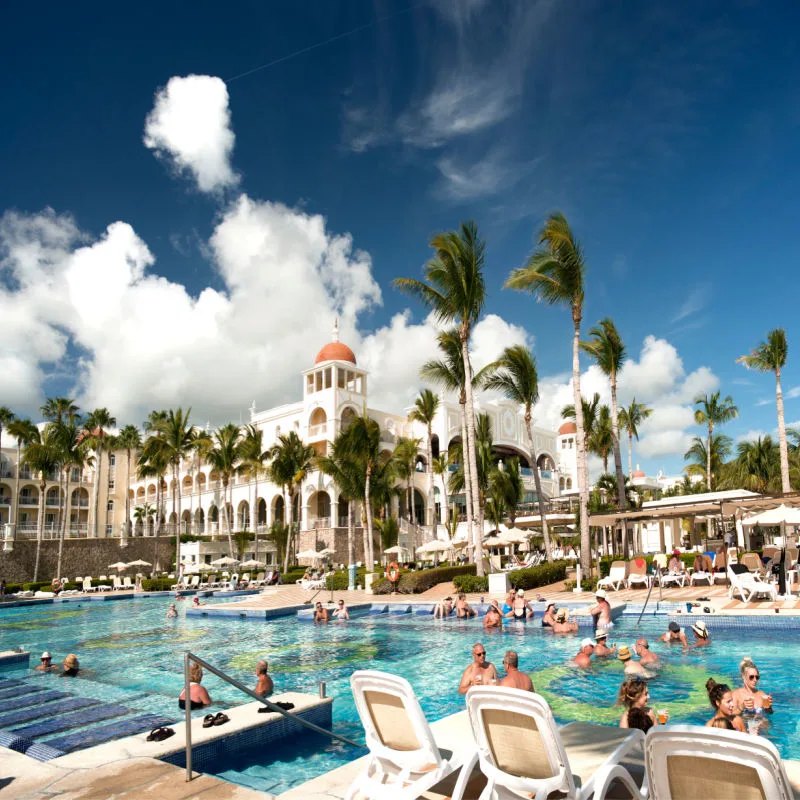 A filled resort pool in Los Cabos.