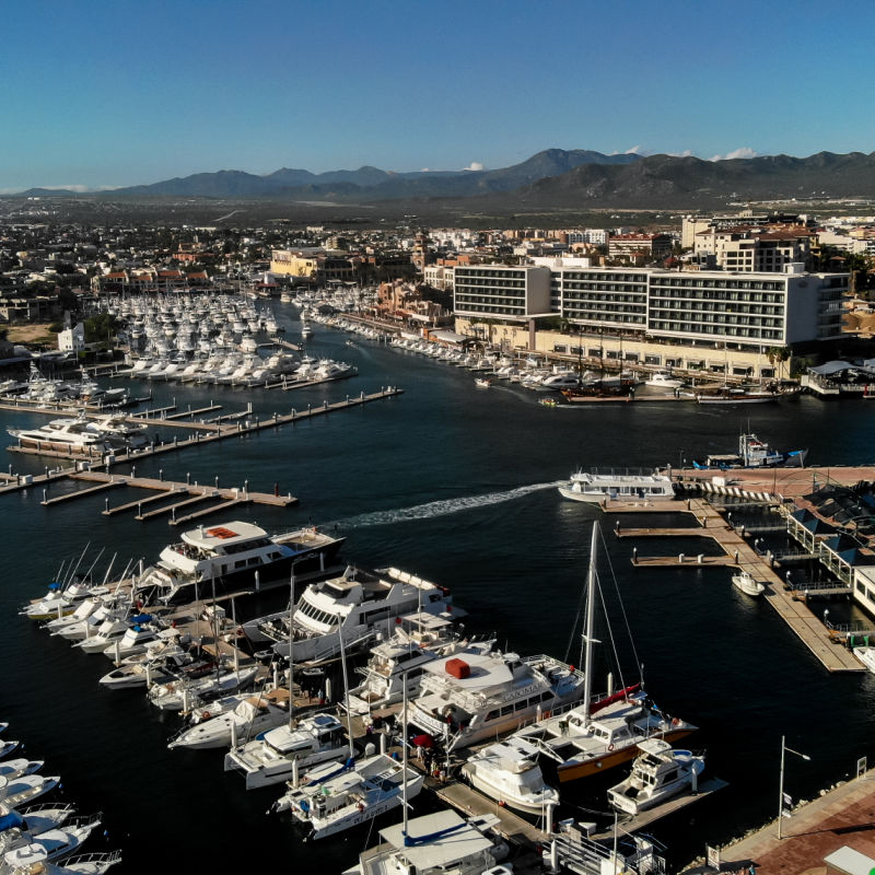 An aerial view of the marina in Cabo San Luca