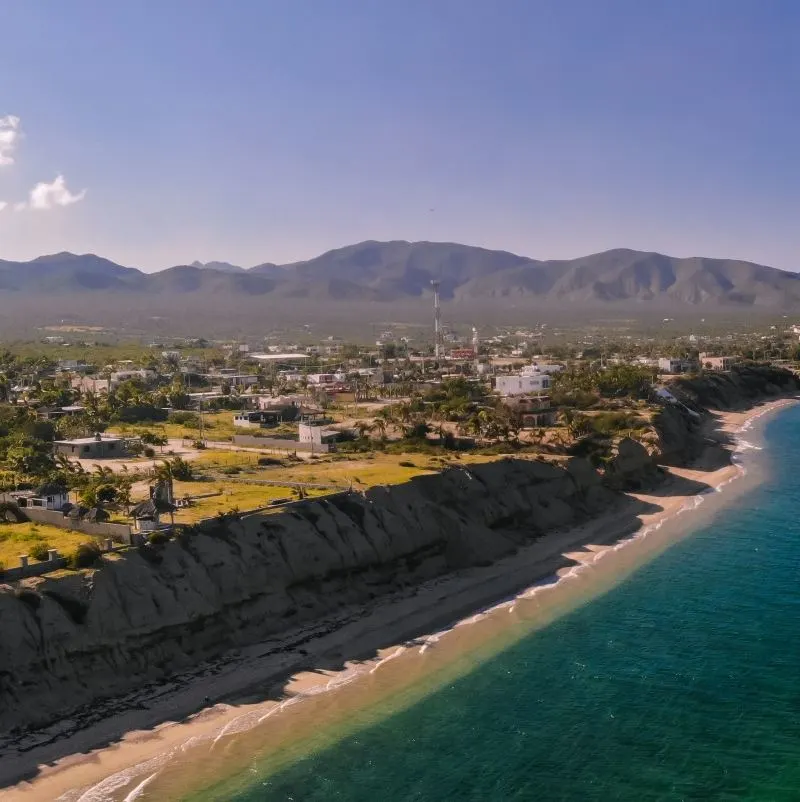 An aerial view of the coastline of La Ventana, a fishing village in Baja California Sur, Mexico near La Paz.
