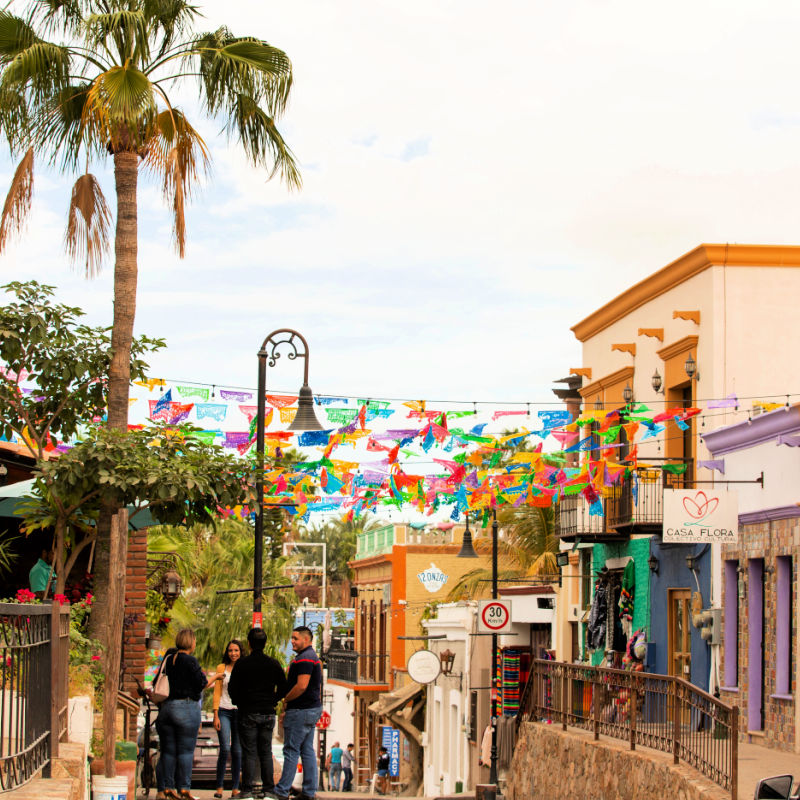 San José del Cabo, Baja California SurMexico - January 25, 2020 Daytime street scene of the colorful storefronts of San José del Cabo