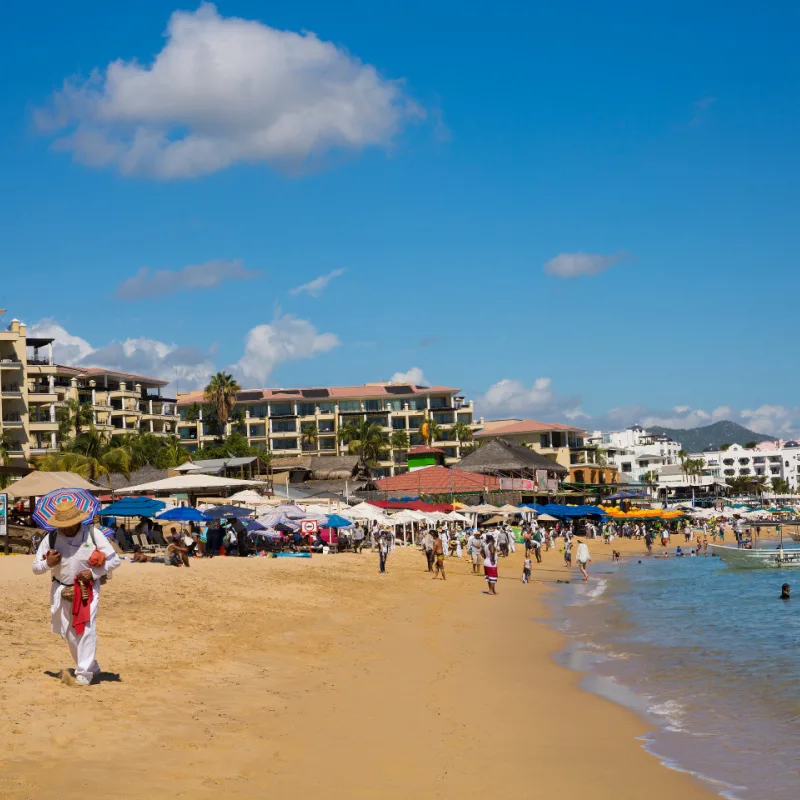 beach in cabo lined with umbrellas