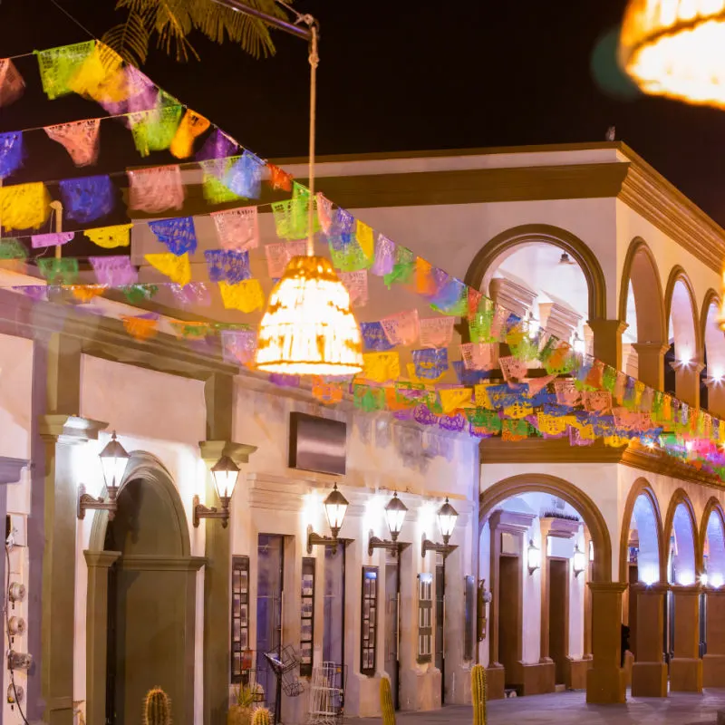 Beautiful festive street at night in Los Cabos