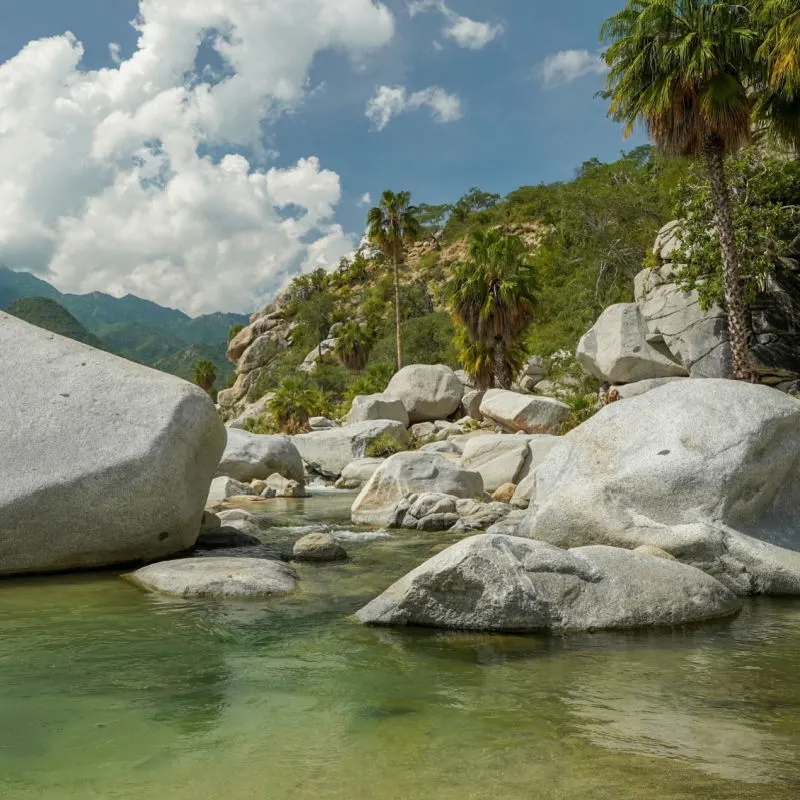 river creek white stones in san dionisio in sierra de la laguna baja california sur mexico panorama