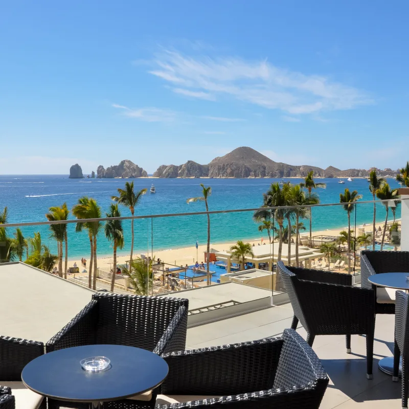 Scenic view of the Los Cabos arch from a hotel balcony