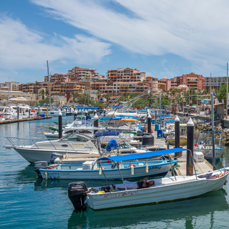 Boats in the bay of Cabo San Lucas as part of the tourism that increases during the summer vacation season
