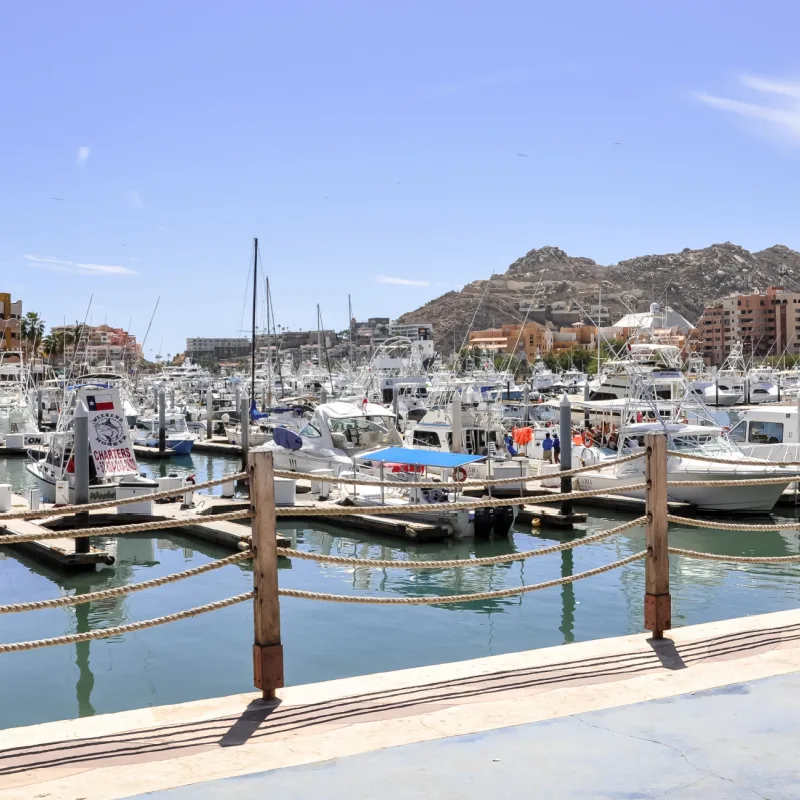 Boats seen at the marina in Los Cabos in a beautiful day