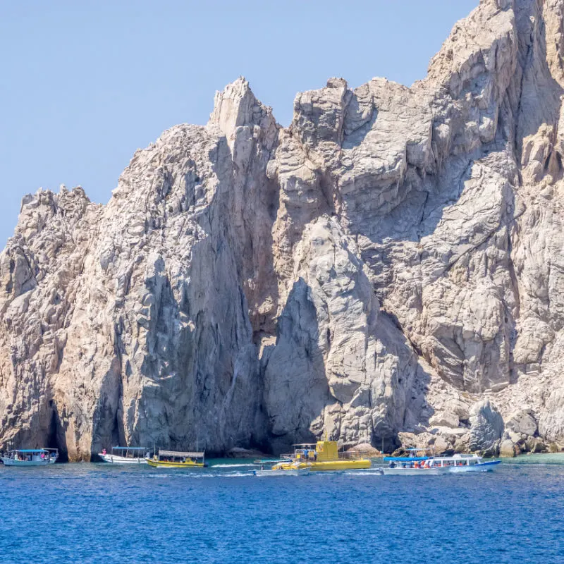 Dramatic rock formations at Lands End in Cabo San Lucas in Baja California, Mexico, where the Pacific Ocean meets the Sea of Cortez.